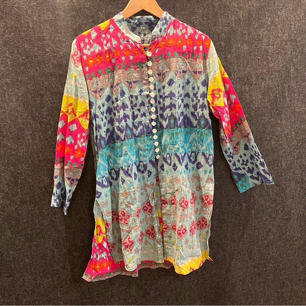 Vibrant Multicolor Women’s Button-Up Tunic Size M 100% Cotton